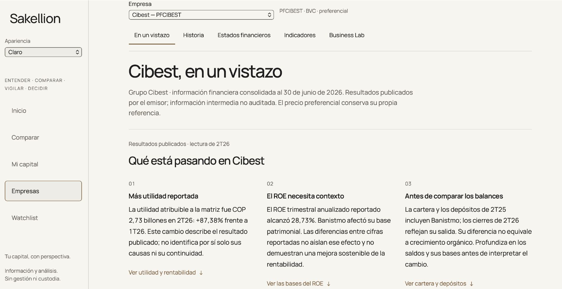 Detail of Sakellion’s Cibest view in Spanish: second-quarter 2026 attributable profit and a caution about its causes and persistence. Full screenshot available.